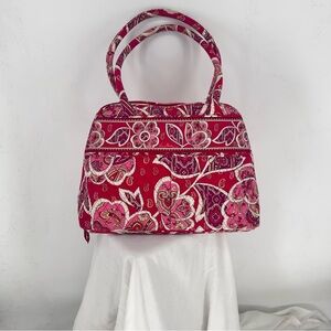 Vera Bradley Red Pink Floral Quilted Baguette Handbag Purse Excellent Condtion